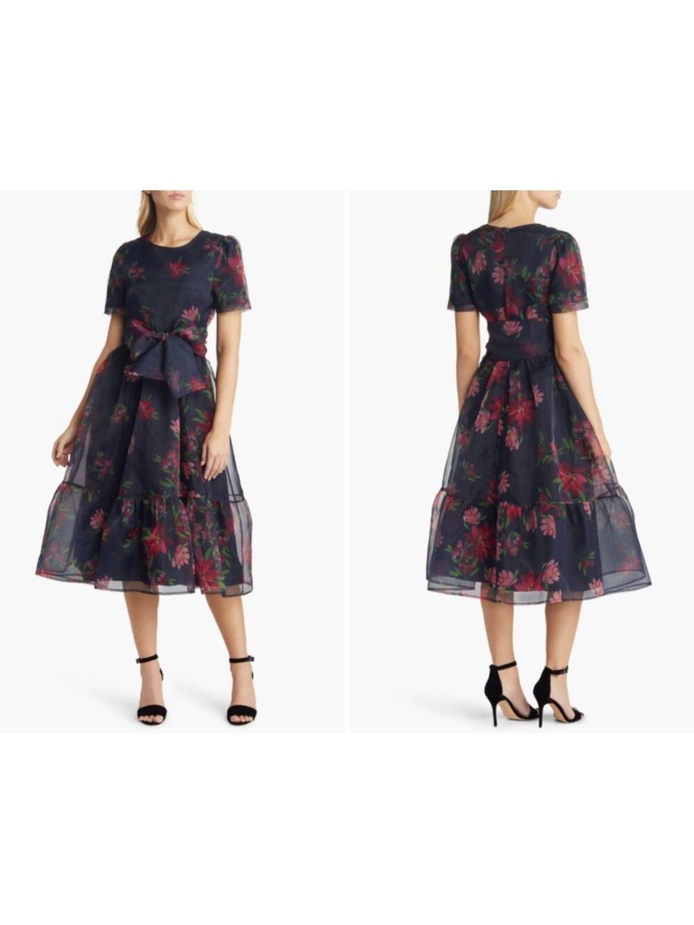 Rachel Parcell Floral Print Tie Waist Organza Midi Dress - Size 4